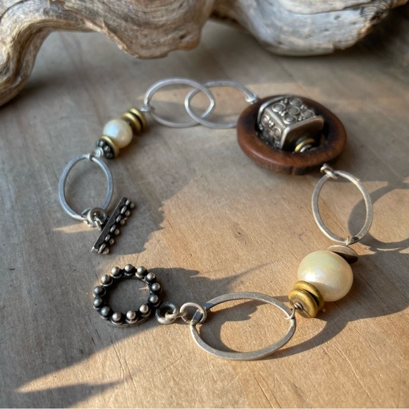 Vintage Artisan Charms & Beads Retro Sterling Silver Link Toggle Bracelet - Picture 6 of 10